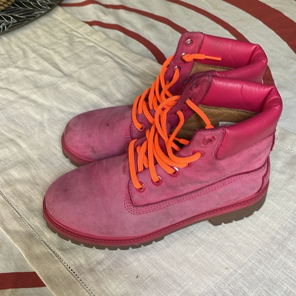 pink timberland boots with neon orange laces womens 7.5 37.6 - Picture 3 of 5